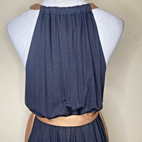 Allen Schwartz Black Ruched V-Neck Faux Silk Gold Halter Maxi Dress Size Med - Picture 4 of 10